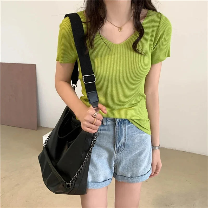 V-Neck Ribbed Knit Top Short Sleeve Slim Fit Pullover
