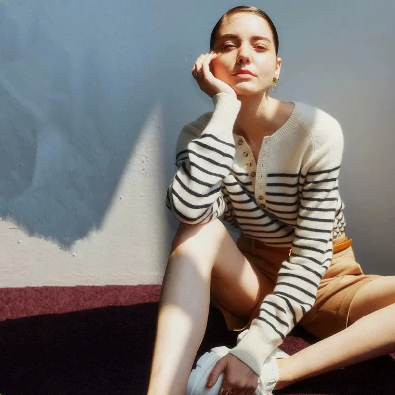 Round Neck Striped Wool Sweater Long Sleeve Loose Fit Pullover