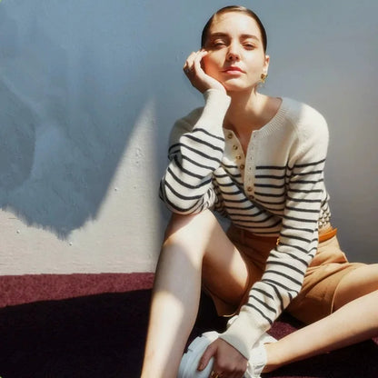 Round Neck Striped Wool Sweater Long Sleeve Loose Fit Pullover