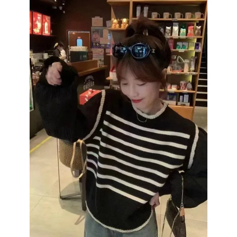 Striped Layered Knit Sweater Long Sleeve Loose Fit Pullover