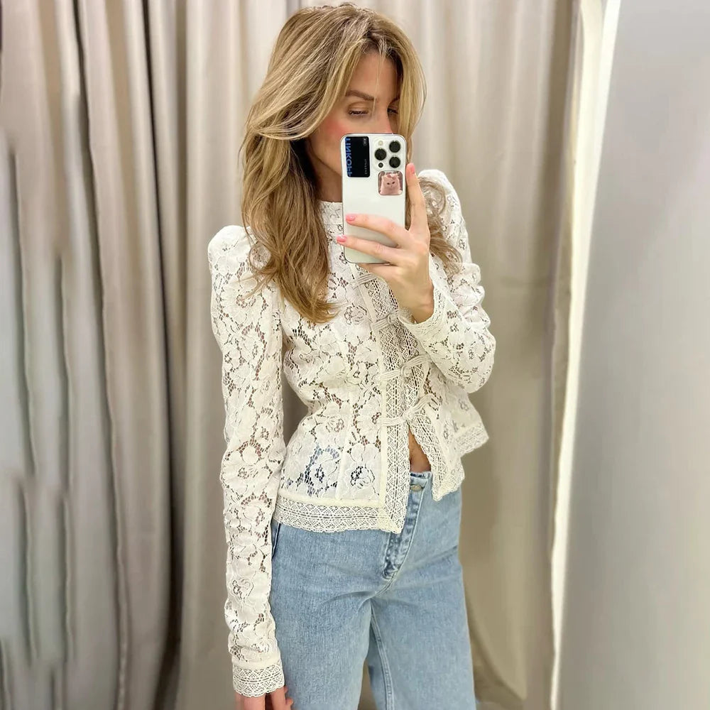 Women's Lace Blouse - V-Neck Patchwork Slim Fit Party Top