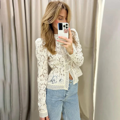 Women's Lace Blouse - V-Neck Patchwork Slim Fit Party Top