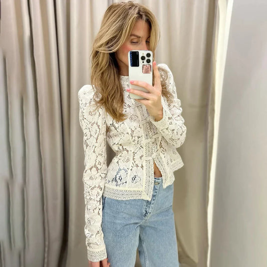 Women's Lace Blouse - V-Neck Patchwork Slim Fit Party Top
