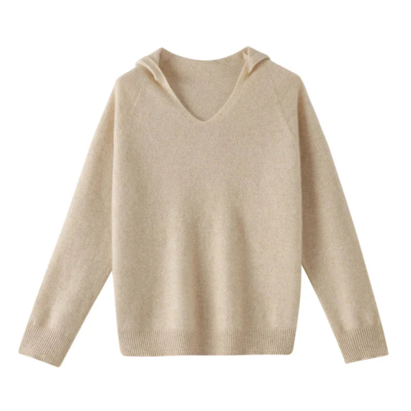 Hooded Merino Wool Sweater Long Sleeve Loose Fit Pullover