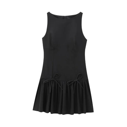 O-Neck Bow Ruffle Sleeveless Back Zipper Mini Dress