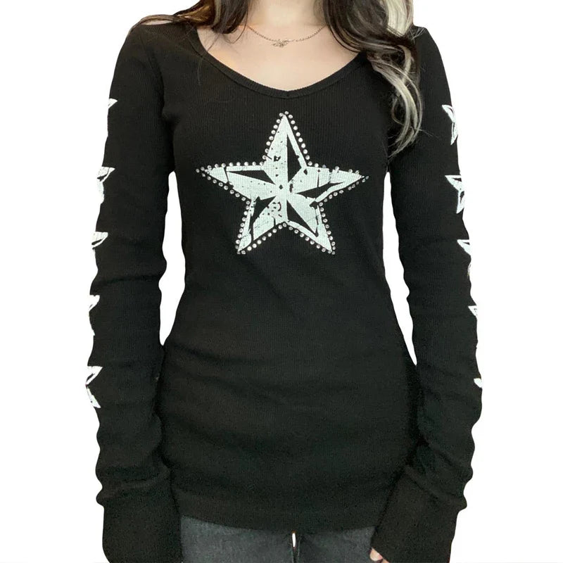 Goth Thermal T-shirt Skulls Graphic Print Long Sleeve Pullovers Tops Women 90s Vintage Aesthetic Tees
