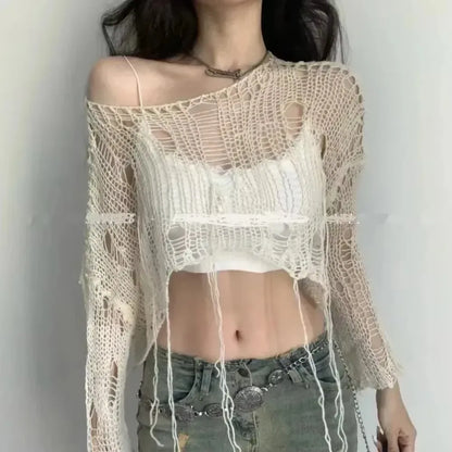 Round Neck Hollow-Out Ripped Cropped Knit Top Long Sleeve Loose Fit