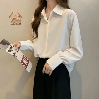 Women's Chiffon Button-Up Blouse - Loose Long Sleeve Shirt