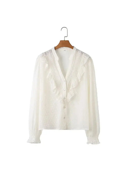2026 Spring Summer Women French Fashion Chiffon Shirts Ruffle Design Single-breasted Vintage Blouses