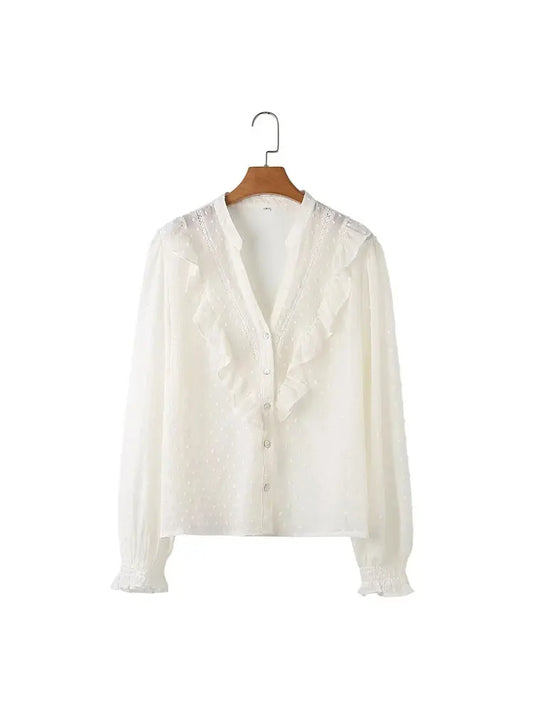 2026 Spring Summer Women French Fashion Chiffon Shirts Ruffle Design Single-breasted Vintage Blouses