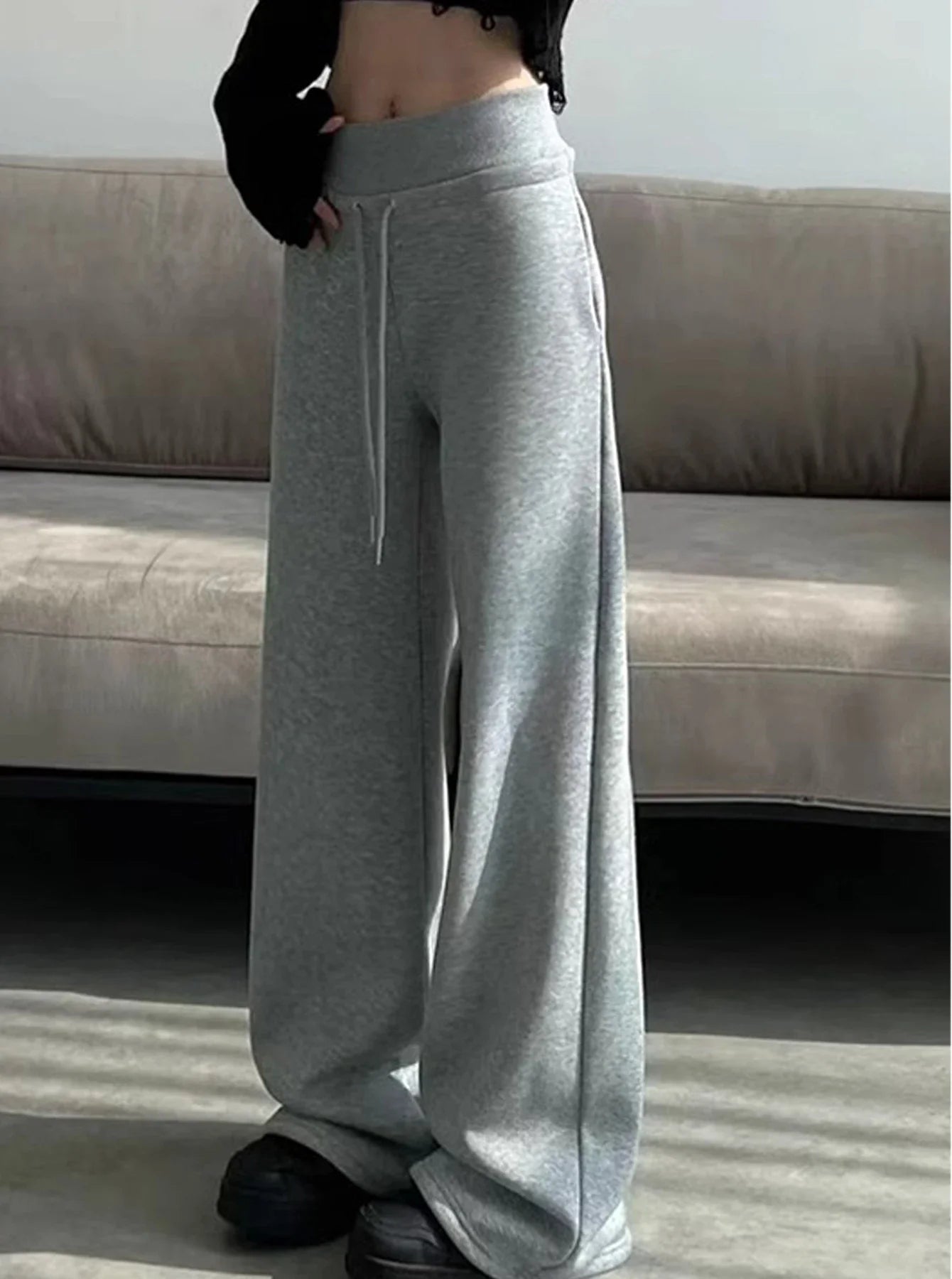 High Waist Straight Pants Loose Fit Pockets Full Length