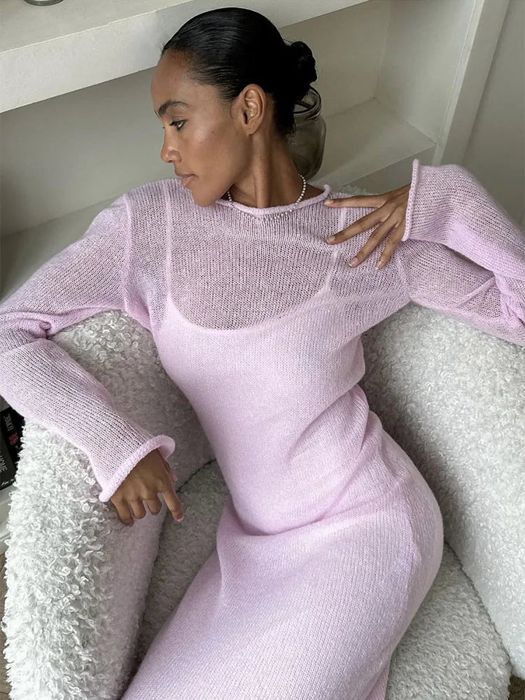 Knit Sweater Midi Dress Round Neck Long Sleeve Loose Hollow-Out