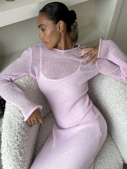 Knit Sweater Midi Dress Round Neck Long Sleeve Loose Hollow-Out