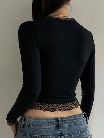 Y2K Fairy Graphic Lace Trim Long Sleeve Tee