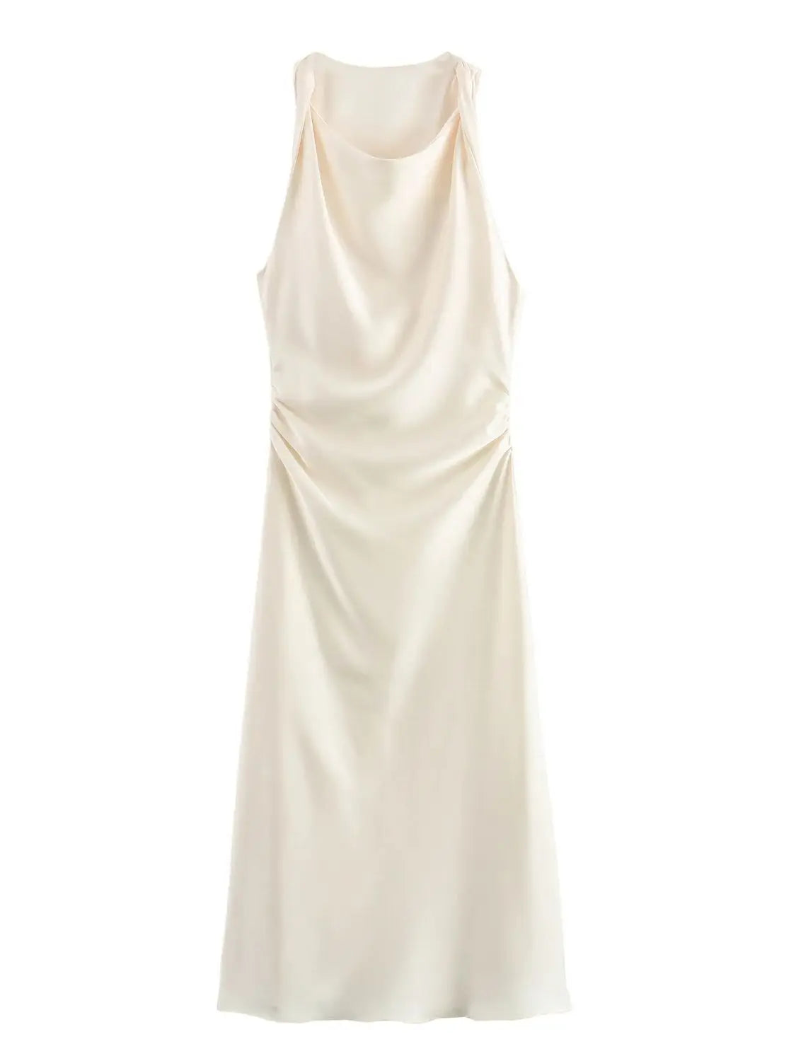 Satin Twisted Armhole Waist Gathered Midi Dress