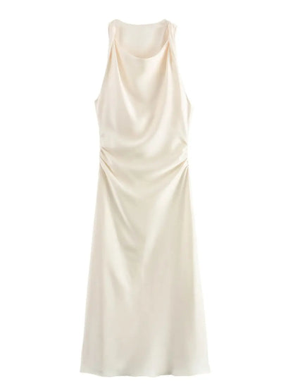 Satin Twisted Armhole Waist Gathered Midi Dress
