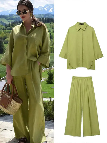 Turn-Down Collar Button Blouse & Wide Leg Pants Set