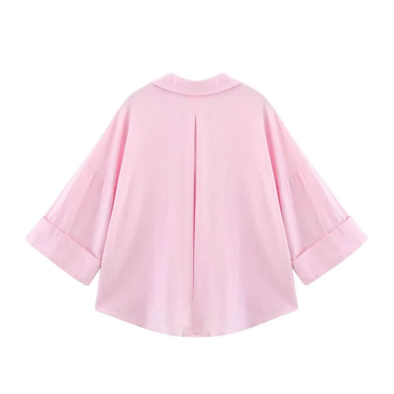 Women's Wide Sleeve Linen Shirt - Asymmetric Hem Button-Up Blouse
