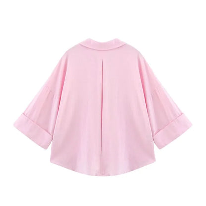 Women's Wide Sleeve Linen Shirt - Asymmetric Hem Button-Up Blouse