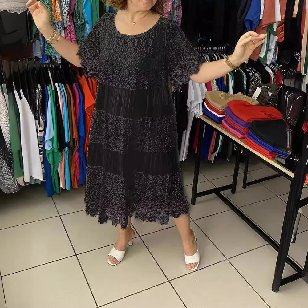 Women Midi Dress Lace Patchwork Round Neck Short Sleeves Hollow Out Flower Embroidery Pleated Party Dress