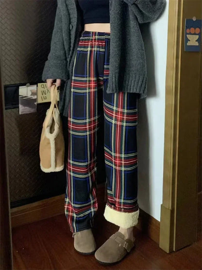 Plaid Wide Leg Plush Pants Warm Cashmere Loose Mid Waist Casual