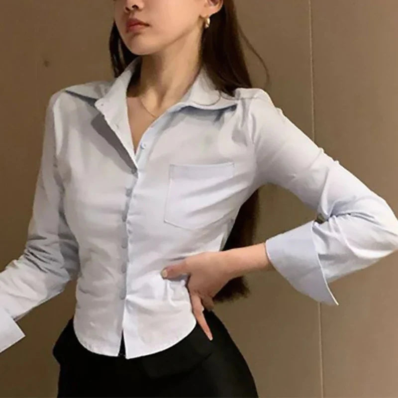 Chiffon Button-Up Blouse with Pockets