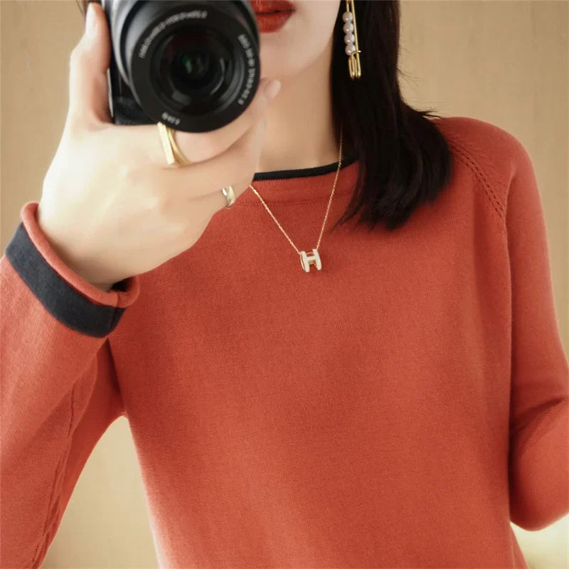 Round Neck Cotton Knit Sweater Long Sleeve Regular Fit