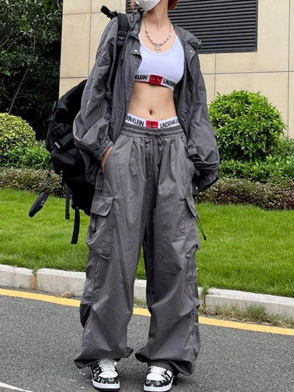 Parachute Cargo Pants High Waist Wide Leg Baggy Pockets Streetwear