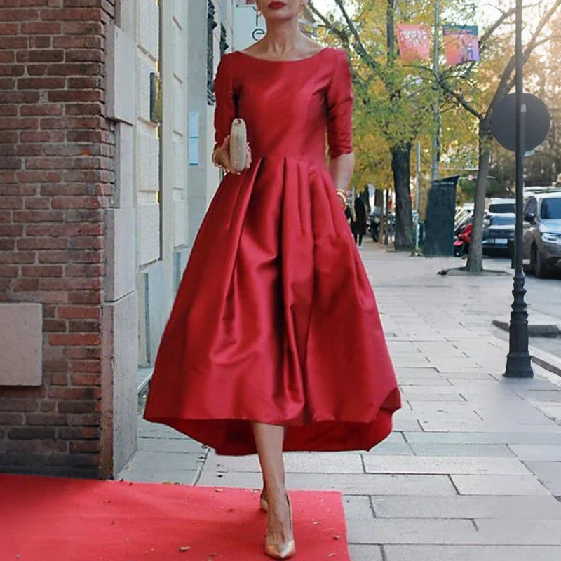 Women's A-Line Midi Dress Half Sleeves O-Neck Pleated Elegant Evening Dress