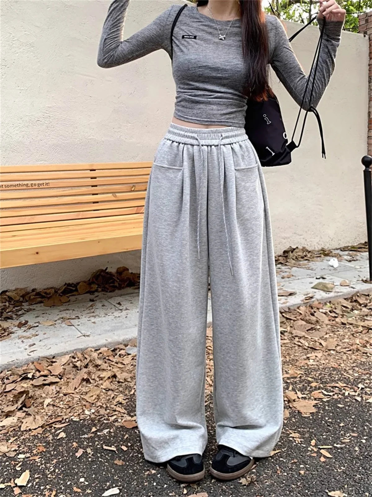 High Waist Straight Wide Leg Pants Loose Fit Pockets Elastic Waist