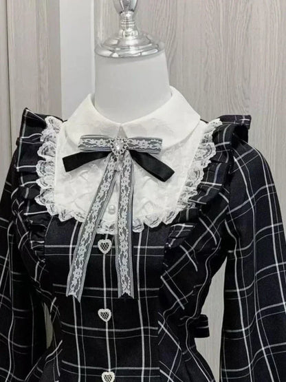 Japanese Lace Plaid Dress Kawaii Grunge Ruffled Long Sleeve Y2K JK Lolita