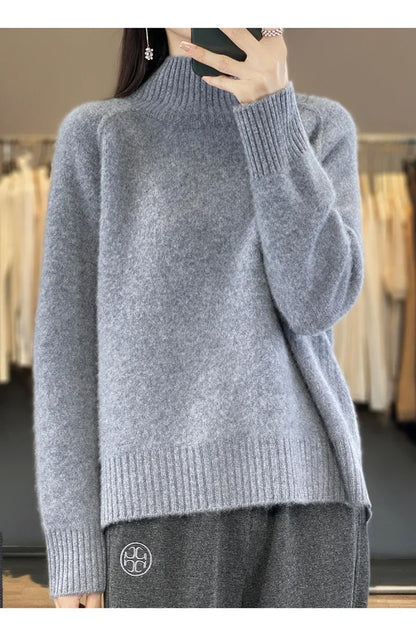 Turtleneck Cashmere Sweater Raglan Sleeve Loose Fit Pullover