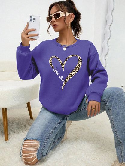 Round Neck Cartoon Print Sweatshirt Long Sleeve Loose Fit with Fur Liner