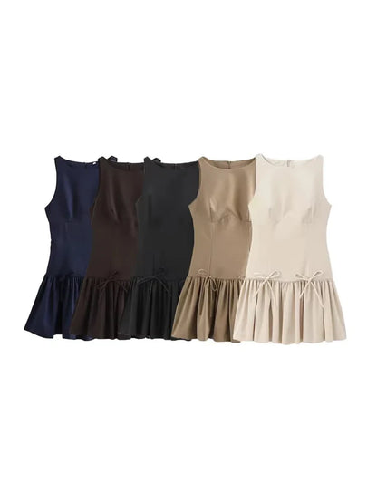 O-Neck Bow Ruffle Sleeveless Back Zipper Mini Dress