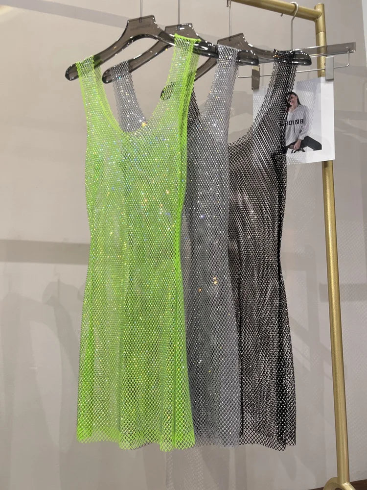 Sexy Sleeveless Skeleton Glitter Rhinestone Dress Mesh See Through Round Neck Midi Party Dress