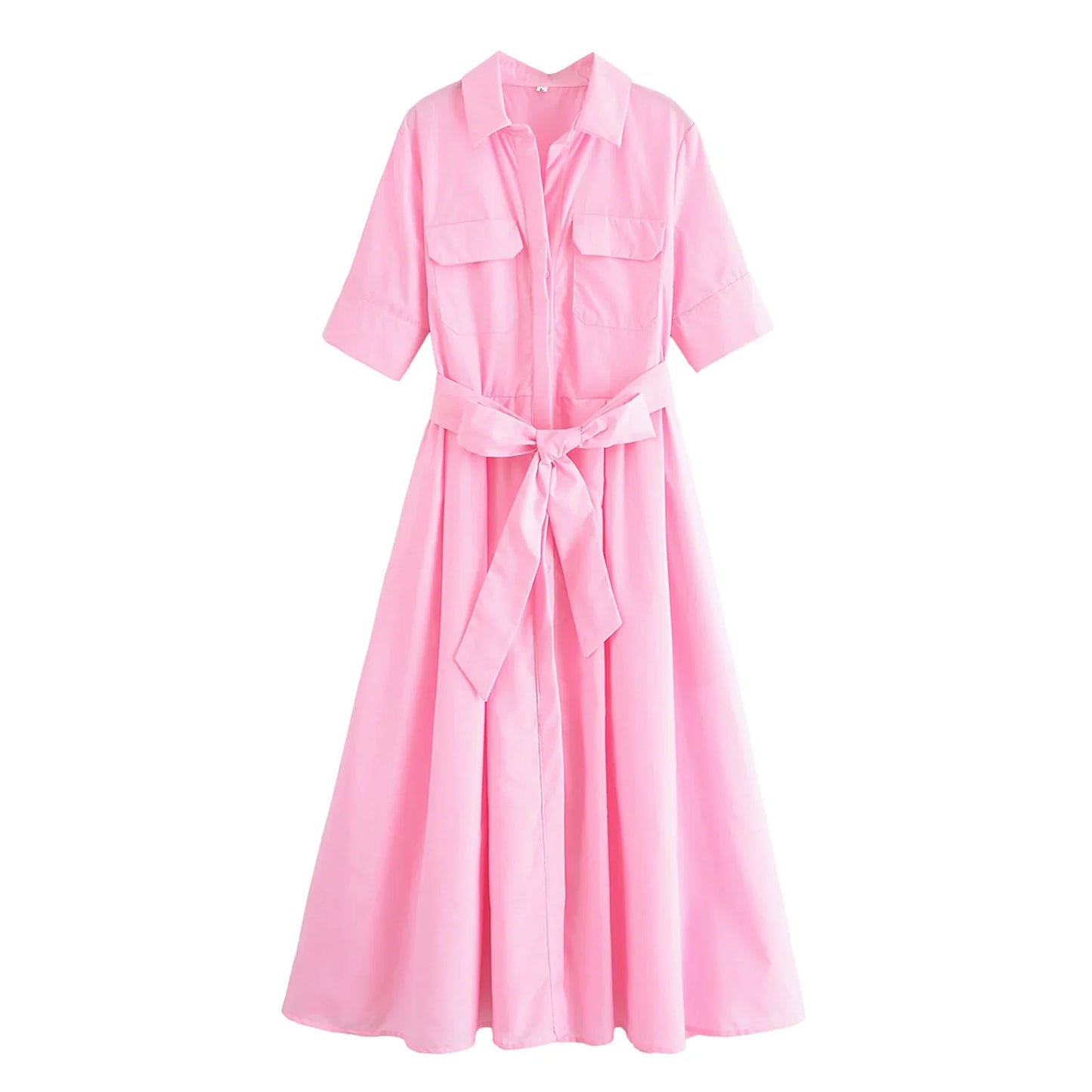 Women's Lapel Shirt Midi Dress with Belt