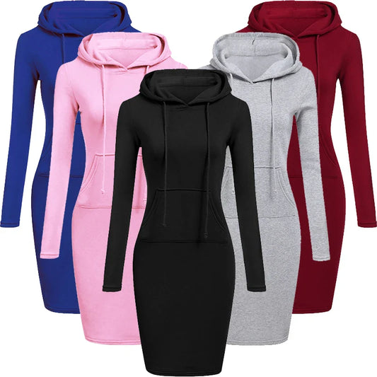Ladies Hooded Dress Women Long Sleeve Sweatshirt Dress with Pockets