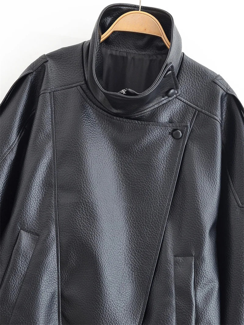 Long Sleeve Pebble Faux Leather Jacket Motorcycle Style Personality Fashion