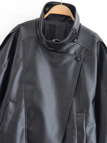 Long Sleeve Pebble Faux Leather Jacket Motorcycle Style Personality Fashion