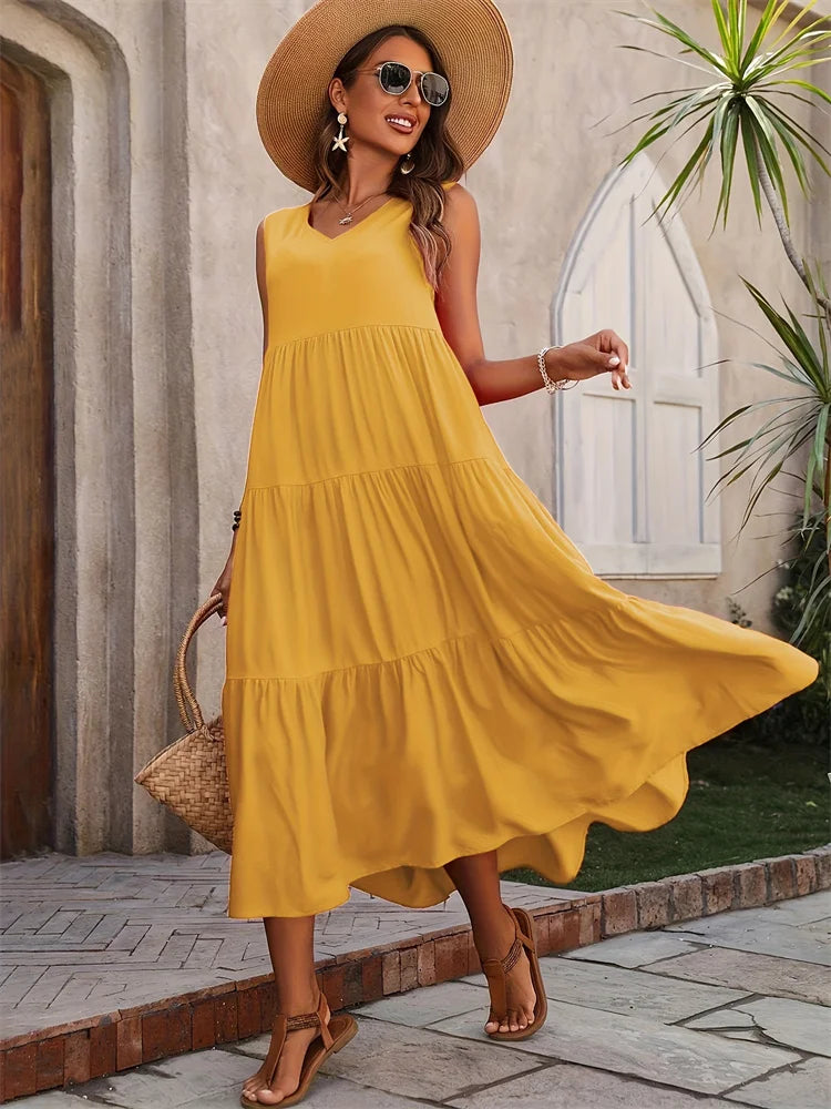 Women's Casual A-Line Tank Dress - V-Neck Sleeveless Midi Dress