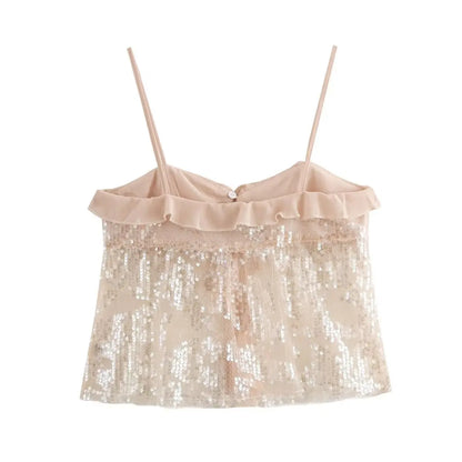 Sequined Chiffon Crop Camisole Tops