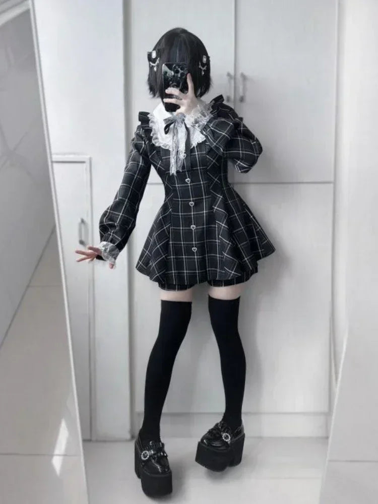 Japanese Lace Plaid Dress Kawaii Grunge Ruffled Long Sleeve Y2K JK Lolita