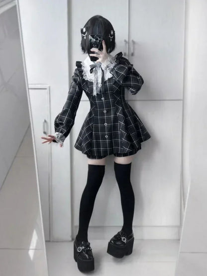 Japanese Lace Plaid Dress Kawaii Grunge Ruffled Long Sleeve Y2K JK Lolita