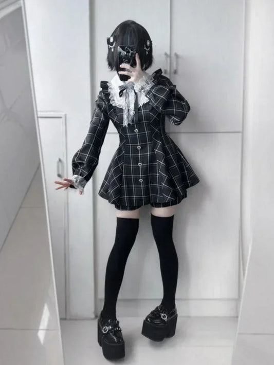 Japanese Lace Plaid Dress Kawaii Grunge Ruffled Long Sleeve Y2K JK Lolita