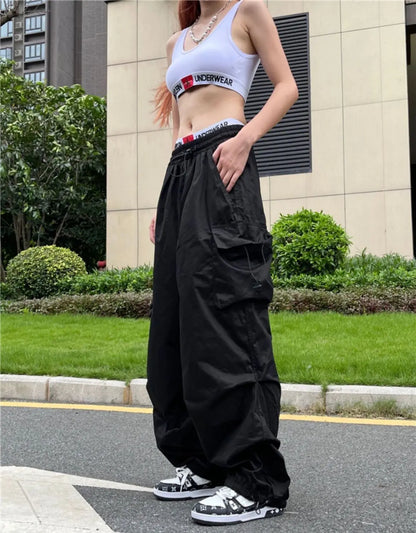 Parachute Cargo Pants High Waist Wide Leg Baggy Pockets Streetwear