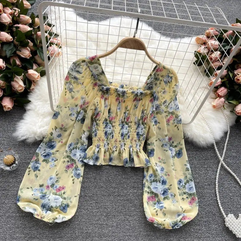 Pink Floral Chiffon Blouse Women Square Collar Lantern Sleeve Korean Fashion