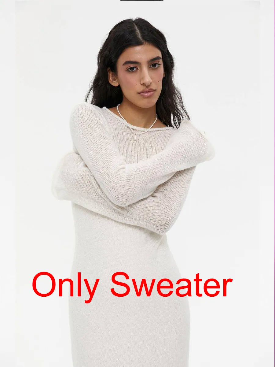 Knit Sweater Midi Dress Round Neck Long Sleeve Loose Hollow-Out