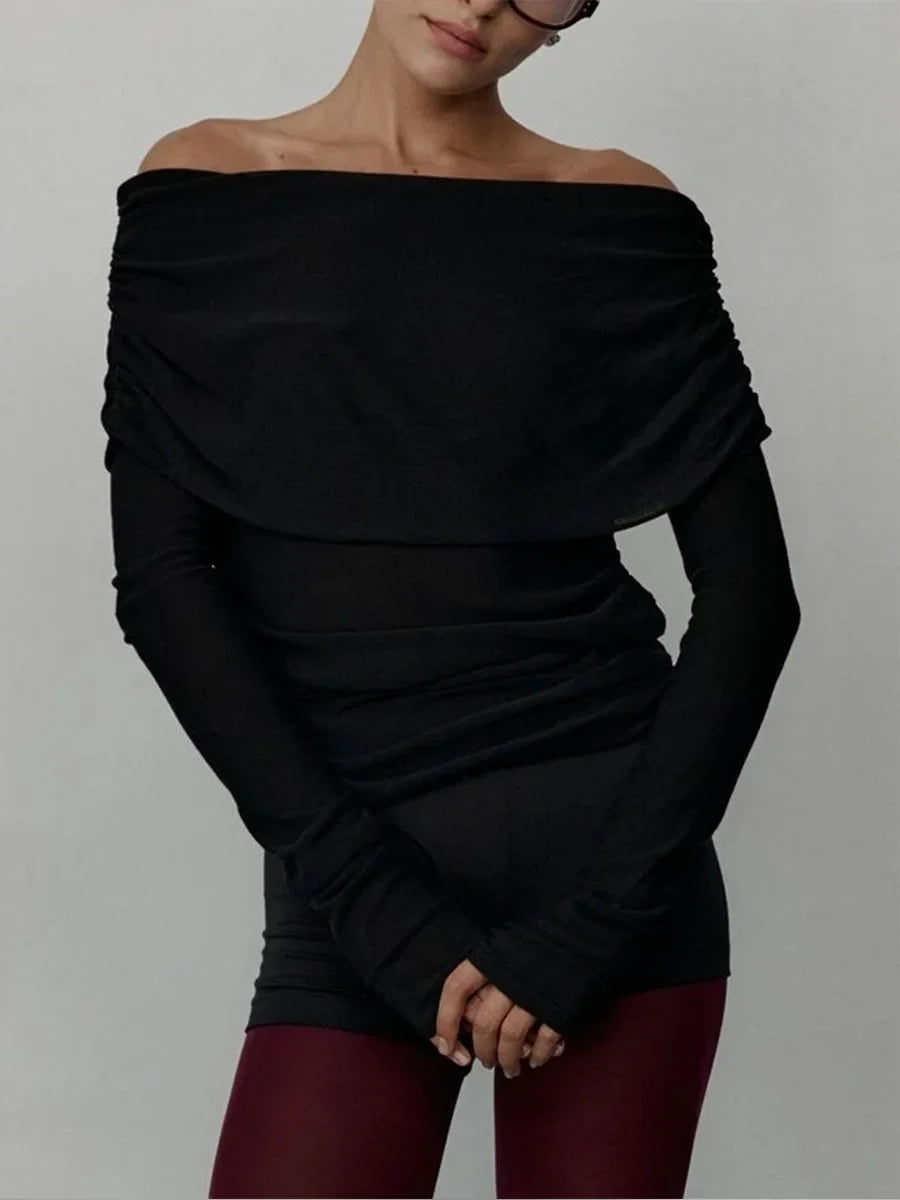 Off Shoulder Knit Sweater Long Sleeve Slim Fit Pullover
