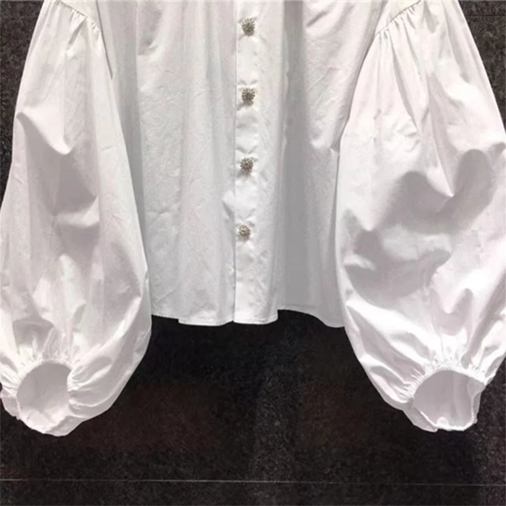Vintage Peter Pan Collar Blouse Women Puff Sleeve White Shirt Korean Fashion