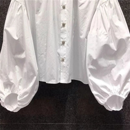 Vintage Peter Pan Collar Blouse Women Puff Sleeve White Shirt Korean Fashion